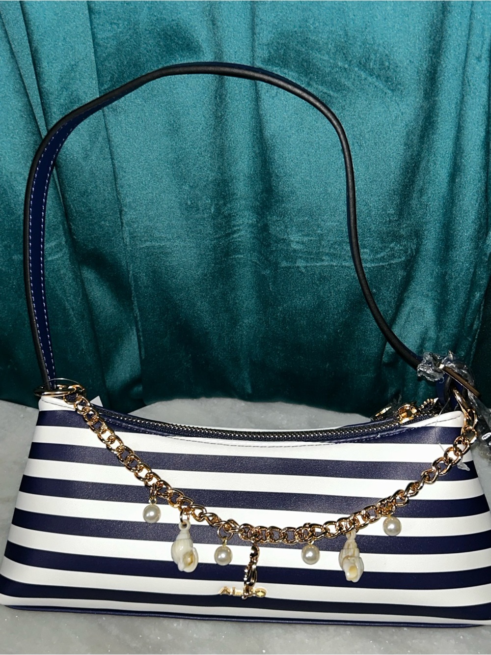 Aldo Navy and White Striped Shoulder Bag with Gold Chain Charm